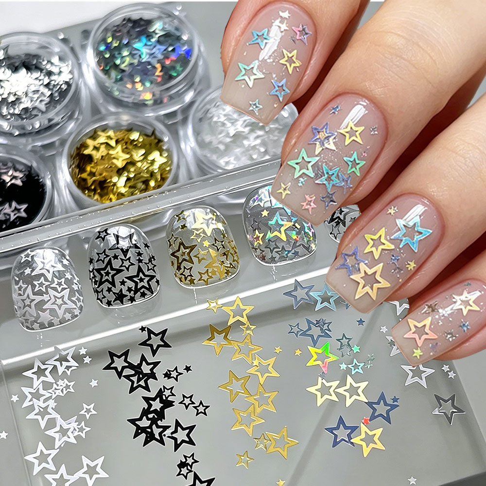 Gold Foil Flakes - 1 JAR Hollow Five-pointed Star Nail